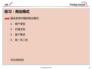 46
练习：商业模式
描述老虎中国的商业模式：
1. 客户类型
2. 价值主张
3. 客户需求
4. 独一无二性
30分钟时间
© Friedag/Schmidt 2019 46
 