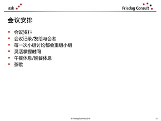  会议资料
 会议记录/发给与会者
 每一次小组讨论都会重组小组
 灵活掌握时间
 午餐休息/晚餐休息
 茶歇
会议安排
13© Friedag/Schmidt 2019
 
