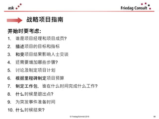 战略项目指南
© Friedag/Schmidt 2019 88
开始时要考虑:
1. 谁是项目经理和项目成员?
2. 描述项目的目标和指标
3. 和受项目结果影响人士交谈
4. 还需要增加哪些步骤?
5. 讨论及制定项目计划
6. 根据里程碑制定项目预算
7. 制定工作包，谁在什么时间完成什么工作?
8. 什么时候是退出点?
9. 为突发事件准备时间
10. 什么时候结束?
 