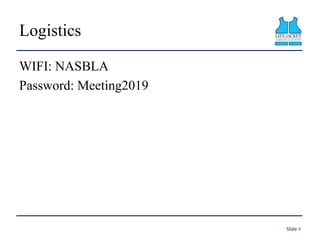 Logistics
WIFI: NASBLA
Password: Meeting2019
Slide 4
 