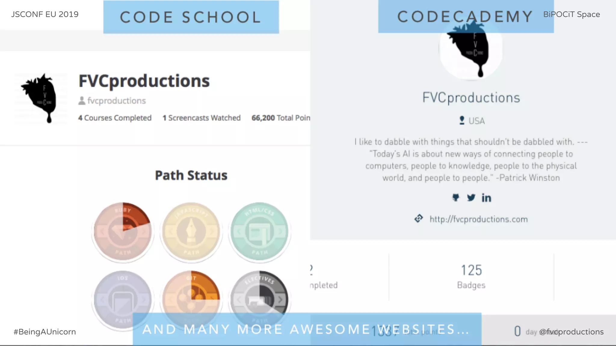 JSCONF EU 2019 BiPOCiT Space
@fvcproductions#BeingAUnicorn
 