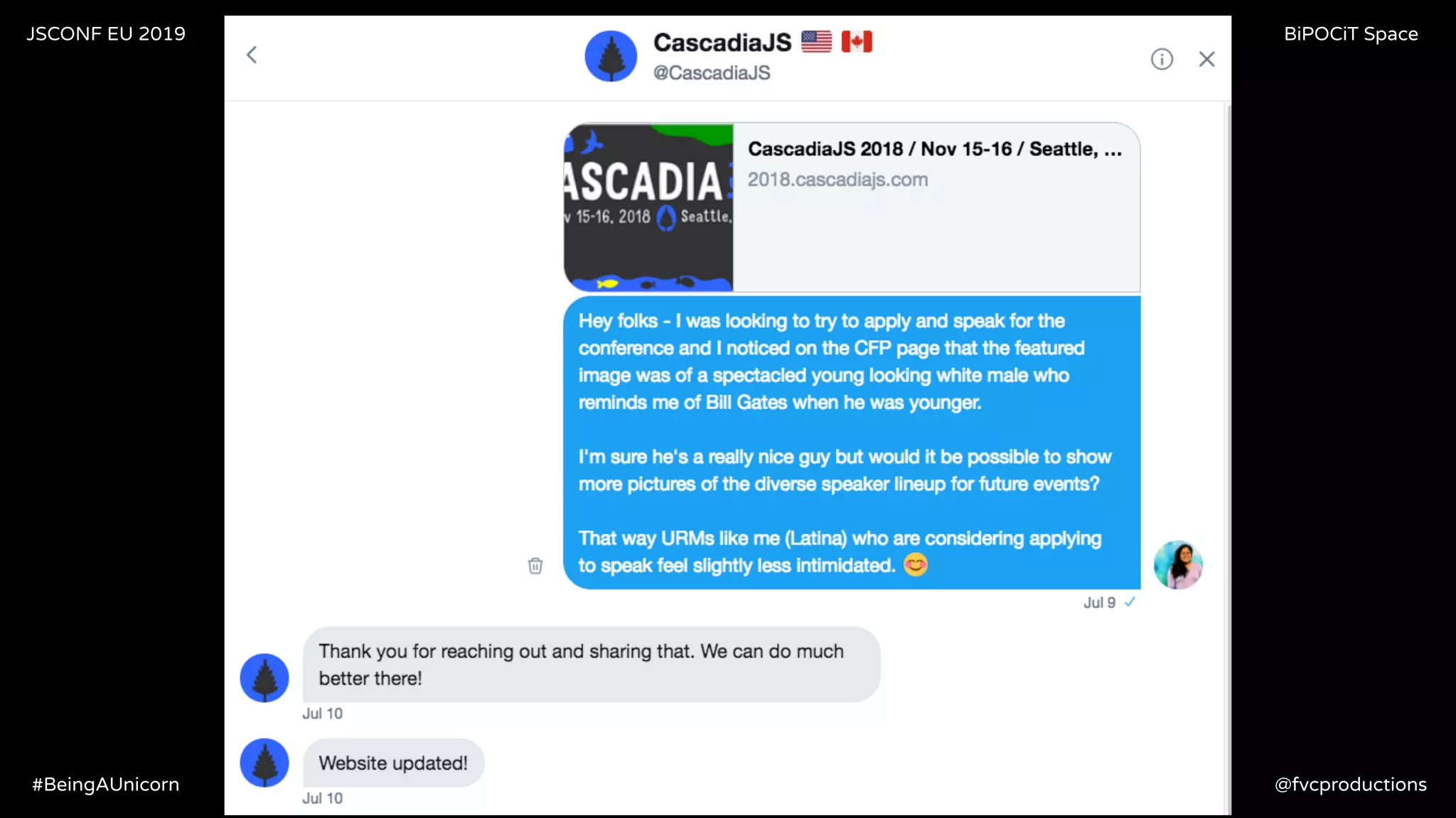 JSCONF EU 2019 BiPOCiT Space
@fvcproductions#BeingAUnicorn
 