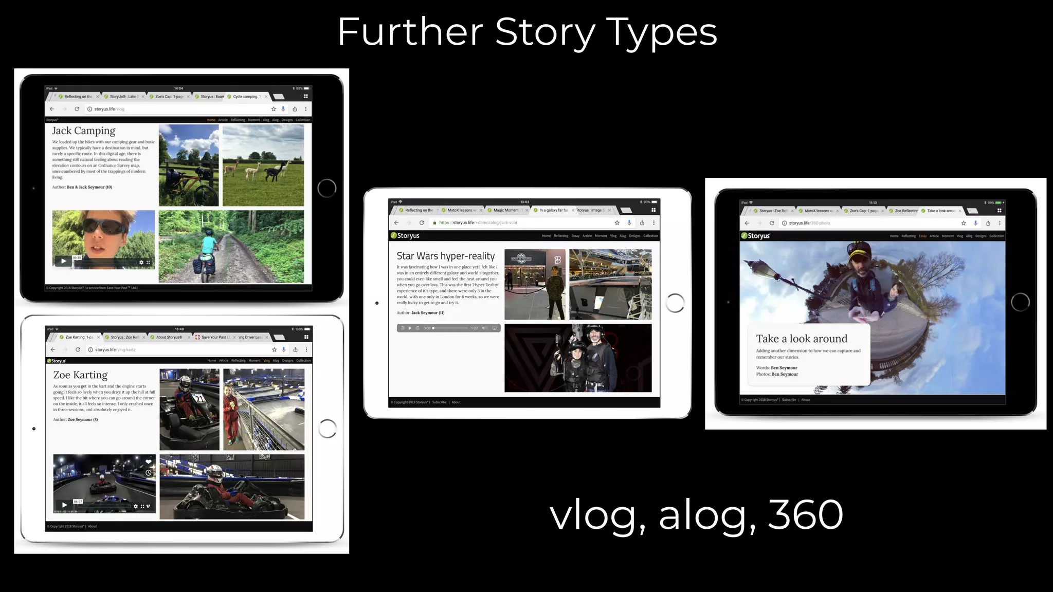 Further Story Types
vlog, alog, 360
 
