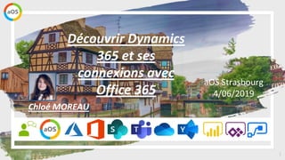 1
aOS Strasbourg
4/06/2019
Découvrir Dynamics
365 et ses
connexions avec
Office 365
Chloé MOREAU
 