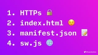 @fvcproductions
1. HTTPs 🔒
2. index.html 😌
3. manifest.json 📝
4. sw.js 🌐
 