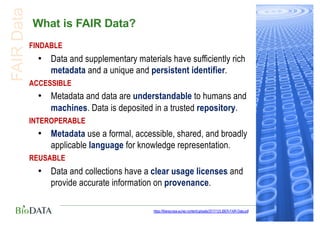 What is FAIR Data?
FINDABLE
• Data and supplementary materials have sufficiently rich
metadata and a unique and persistent...