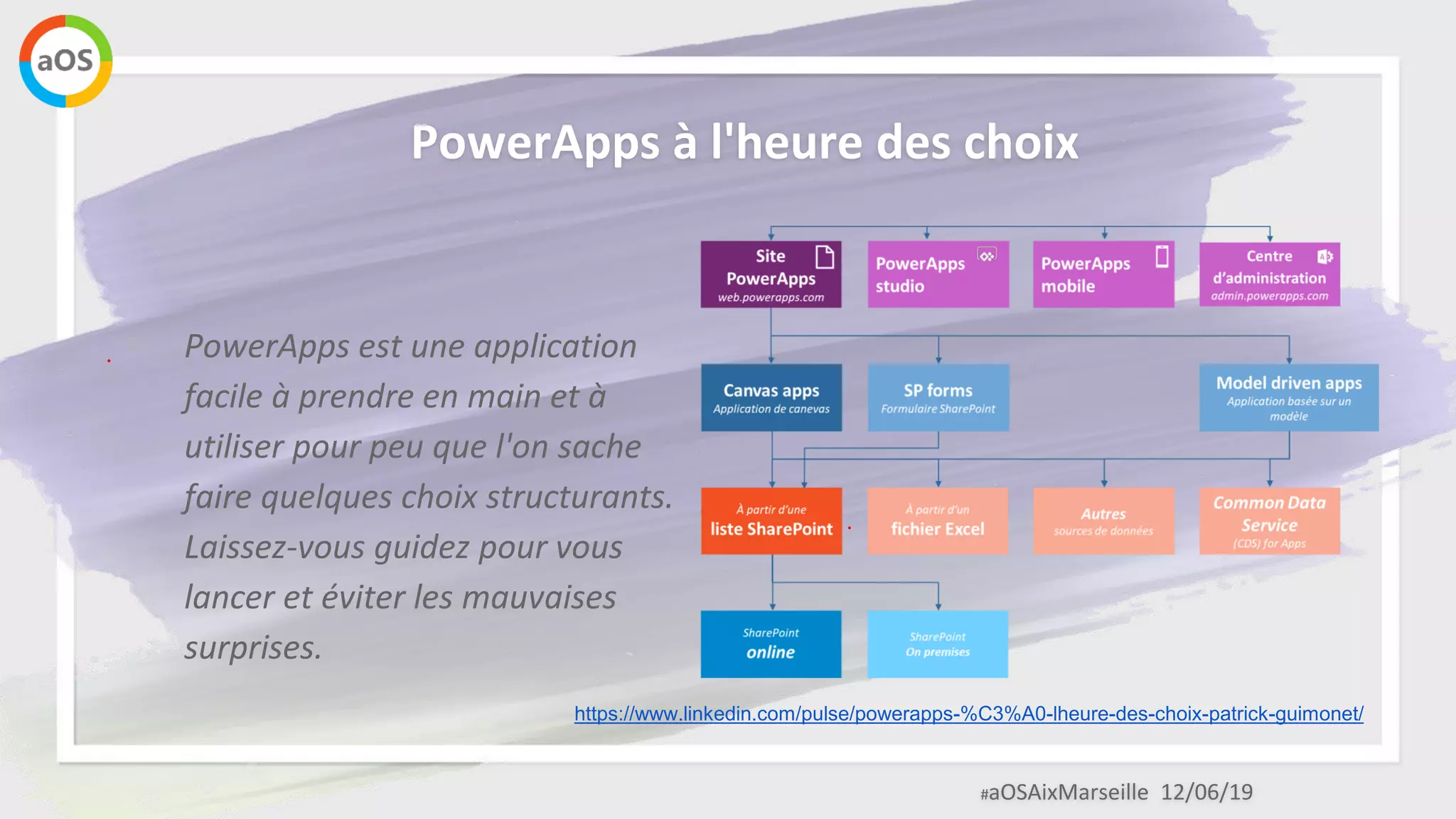 #aOSAixMarseille 12/06/19
PowerApps à l'heure des choix
◦ PowerApps est une application
facile à prendre en main et à
utiliser pour peu que l'on sache
faire quelques choix structurants.
Laissez-vous guidez pour vous
lancer et éviter les mauvaises
surprises.
https://www.linkedin.com/pulse/powerapps-%C3%A0-lheure-des-choix-patrick-guimonet/
 