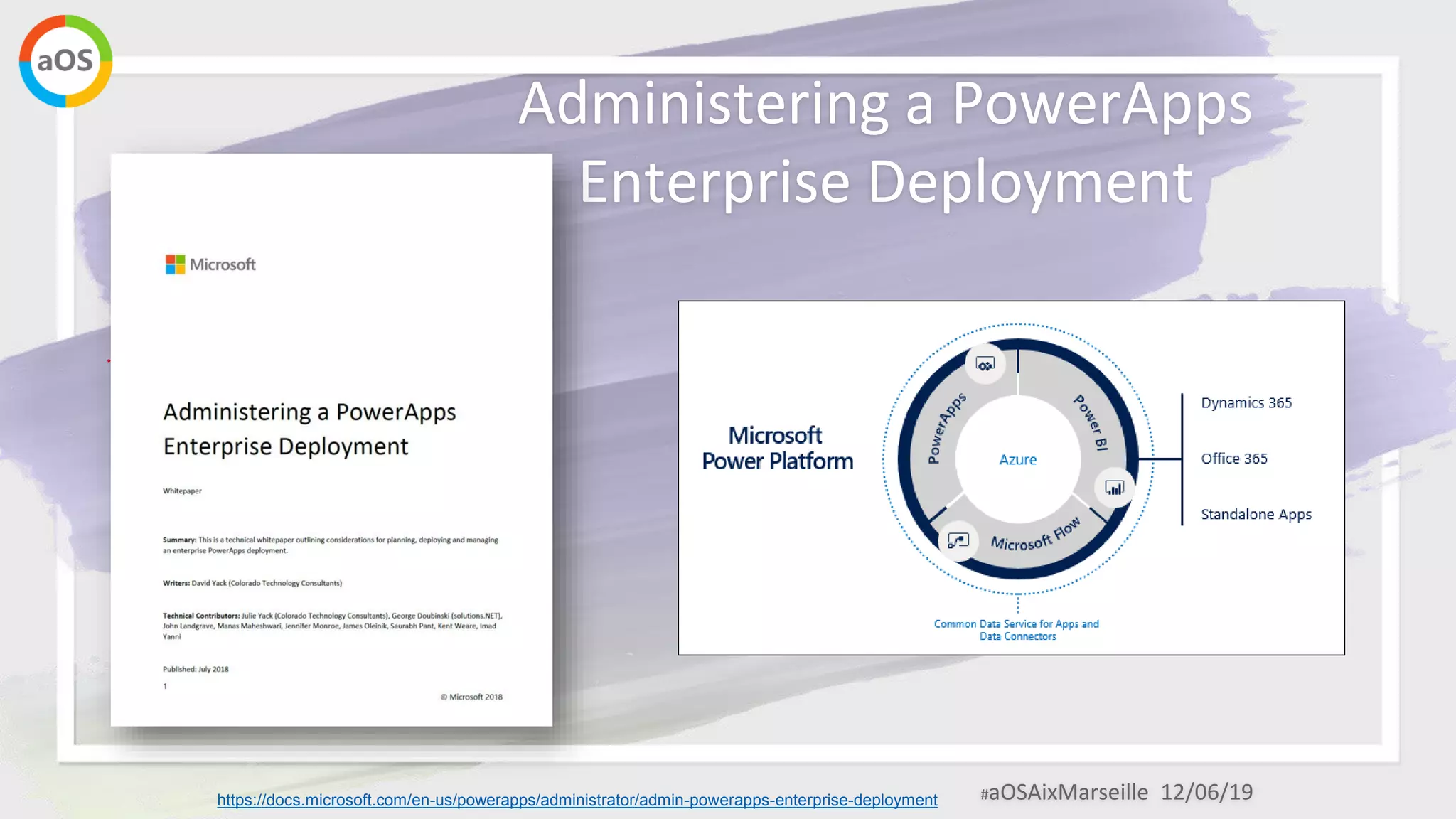 #aOSAixMarseille 12/06/19
Administering a PowerApps
Enterprise Deployment
https://docs.microsoft.com/en-us/powerapps/administrator/admin-powerapps-enterprise-deployment
 