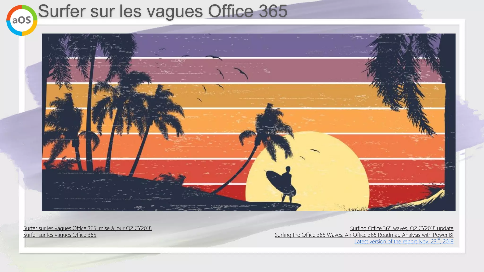 Surfer sur les vagues Office 365
Surfing Office 365 waves, Q2 CY2018 update
Surfing the Office 365 Waves: An Office 365 Roadmap Analysis with Power BI
Latest version of the report Nov. 23
rd
, 2018
Surfer sur les vagues Office 365, mise à jour Q2 CY2018
Surfer sur les vagues Office 365
 