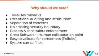 43
● Trivialises rollbacks
● Exceptional auditing and attribution*
● Separation of concerns
● No crossing security boundary
● Process & constraints enforcement
● Great Software ↔ Human collaboration point
● Easy to validate for correctness (Policies)
● System can self heal
Why should we care?
 