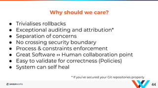 44
● Trivialises rollbacks
● Exceptional auditing and attribution*
● Separation of concerns
● No crossing security boundary
● Process & constraints enforcement
● Great Software ↔ Human collaboration point
● Easy to validate for correctness (Policies)
● System can self heal
Why should we care?
* If you’ve secured your Git repositories properly
 