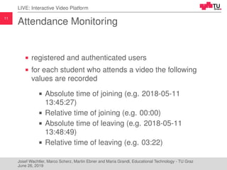 11
LIVE: Interactive Video Platform
Attendance Monitoring
registered and authenticated users
for each student who attends a video the following
values are recorded
Absolute time of joining (e.g. 2018-05-11
13:45:27)
Relative time of joining (e.g. 00:00)
Absolute time of leaving (e.g. 2018-05-11
13:48:49)
Relative time of leaving (e.g. 03:22)
Josef Wachtler, Marco Scherz, Martin Ebner and Maria Grandl, Educational Technology - TU Graz
June 26, 2019
 