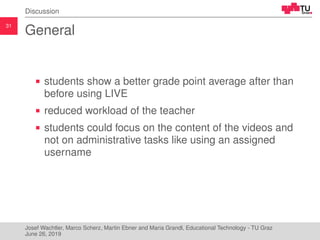 31
Discussion
General
students show a better grade point average after than
before using LIVE
reduced workload of the teacher
students could focus on the content of the videos and
not on administrative tasks like using an assigned
username
Josef Wachtler, Marco Scherz, Martin Ebner and Maria Grandl, Educational Technology - TU Graz
June 26, 2019
 
