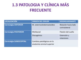 1.3 PATOLOGIA Y CLÍNICA MÁS
FRECUENTE
LOCALIZACIÓN ORIGEN DEL DOLOR DESENCADENANTE
Cervicalgia ANTERIOR M. esternocleidomastoideo Rotación hacia lado
contralateral
Cervicalgia POSTERIOR Miofascial Flexión del cuello
Discogénico Extensión y
rotaciones
Cervicalgia SUBOCCIPITAL Cambios patológicos en la
anatomía cervical superior
 