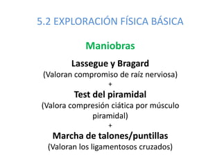 5.2 EXPLORACIÓN FÍSICA BÁSICA
Maniobras
Lassegue y Bragard
(Valoran compromiso de raíz nerviosa)
+
Test del piramidal
(Valora compresión ciática por músculo
piramidal)
+
Marcha de talones/puntillas
(Valoran los ligamentosos cruzados)
 