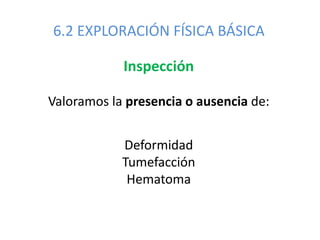 6.2 EXPLORACIÓN FÍSICA BÁSICA
Inspección
Valoramos la presencia o ausencia de:
Deformidad
Tumefacción
Hematoma
 