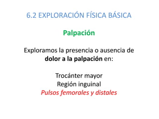 6.2 EXPLORACIÓN FÍSICA BÁSICA
Palpación
Exploramos la presencia o ausencia de
dolor a la palpación en:
Trocánter mayor
Región inguinal
Pulsos femorales y distales
 