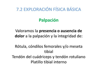 7.2 EXPLORACIÓN FÍSICA BÁSICA
Palpación
Valoramos la presencia o ausencia de
dolor a la palpación y la integridad de:
Rótula, cóndilos femorales y/o meseta
tibial
Tendón del cuádriceps y tendón rotuliano
Platillo tibial interno
 
