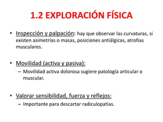 1.2 EXPLORACIÓN FÍSICA
• Inspección y palpación: hay que observar las curvaturas, si
existen asimetrías o masas, posiciones antiálgicas, atrofias
musculares.
• Movilidad (activa y pasiva):
– Movilidad activa dolorosa sugiere patología articular o
muscular.
• Valorar sensibilidad, fuerza y reflejos:
– Importante para descartar radiculopatias.
 