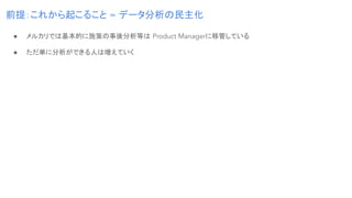 前提：これから起こること = データ分析の民主化
● メルカリでは基本的に施策の事後分析等は Product Managerに移管している
● ただ単に分析ができる人は増えていく
 