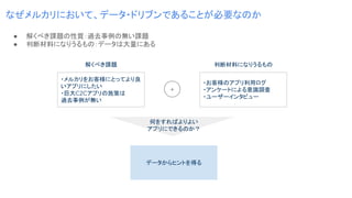 ・お客様のアプリ利用ログ
・アンケートによる意識調査
・ユーザーインタビュー
● 解くべき課題の性質：過去事例の無い課題
● 判断材料になりうるもの：データは大量にある
なぜメルカリにおいて、データ・ドリブンであることが必要なのか
解くべき課題 判断材料になりうるもの
データからヒントを得る
+
・メルカリをお客様にとってより良
いアプリにしたい
・巨大C2Cアプリの施策は
過去事例が無い
何をすればよりよい
アプリにできるのか？
 