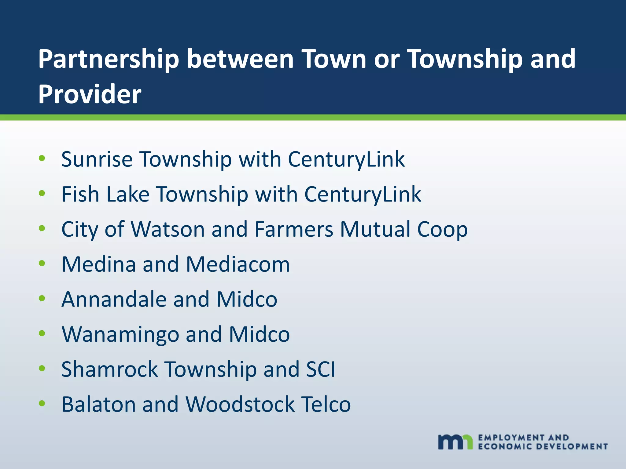 Partnership between Town or Township and
Provider
• Sunrise Township with CenturyLink
• Fish Lake Township with CenturyLink
• City of Watson and Farmers Mutual Coop
• Medina and Mediacom
• Annandale and Midco
• Wanamingo and Midco
• Shamrock Township and SCI
• Balaton and Woodstock Telco
 