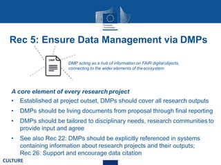 Rec 5: Ensure Data Management via DMPs
A core element of every research project
• Established at project outset, DMPs should cover all research outputs
• DMPs should be living documents from proposal through final reporting
• DMPs should be tailored to disciplinary needs, research communities to
provide input and agree
• See also Rec 22: DMPs should be explicitly referenced in systems
containing information about research projects and their outputs;
Rec 26: Support and encourage data citation
DMP acting as a hub of information on FAIR digitalobjects,
connecting to the wider elements of theecosystem
CULTURE
 
