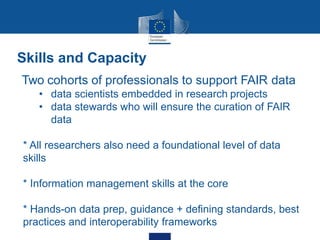 Two cohorts of professionals to support FAIR data
• data scientists embedded in research projects
• data stewards who will ensure the curation of FAIR
data
* All researchers also need a foundational level of data
skills
* Information management skills at the core
* Hands-on data prep, guidance + defining standards, best
practices and interoperability frameworks
Skills and Capacity
 