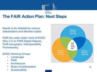 The FAIR Action Plan: Next Steps
39
Needs to be detailed by various
stakeholders and Member states
FAIR fits under wider remit of EOSC
(Rec 2-4 on FAIR Digital Objects,
FAIR ecosystem, Interoperability
Frameworks)
EOSC Working Groups
• Landscape
• FAIR
• Architecture
• Rules of participation
• Sustainability
 