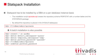 19
Statspack Installation
Statspack has to be installed by a DBA on a per database instance basis
– The installation script spcreate.sql creates the repository schema PERFSTAT with a number tables and the
STATSPACK package
– By default the repository is placed in the SYSAUX tablespace
A batch installation is also possible
Performance Analysis
19
SQL> @?/rdbms/admin/spcreate
SQL> connect / as sysdba
SQL> define default_tablespace='sysaux'
SQL> define temporary_tablespace='temp'
SQL> define perfstat_password='<passwd>'
SQL> @?/rdbms/admin/spcreate
SQL> undefine perfstat_password
 