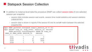 22
Statspack Session Collection
In addition to instance-level data the procedure SNAP can collect session data of one selected
session per snapshot
– session data includes session wait events, session time model statistics and session statistics
(V$SESSTAT)
– session data is shown in reports if the session ID and its serial# match between the selected
snapshot IDs
Performance Analysis
22
SQL> EXEC perfstat.statspack.snap(i_session_id => 21)
SQL> SELECT snap_id, snap_level, session_id, serial#
FROM perfstat.stats$snapshot ORDER BY snap_id;
SNAP_ID SNAP_LEVEL SESSION_ID SERIAL#
---------- ---------- ---------- ----------
3151 7 0 0
3152 7 21 3434
3153 7 21 3434
3154 7 0 0
 