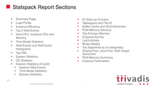 27
Statspack Report Sections
Performance Analysis
27
 Summary Page
 Load Profile
 Instance Efficiency
 Top 5 Wait Events
 Host CPU, Instance CPU and
Memory
 Time Model Statistics
 Wait Events and Wait Event
Histograms
 Top SQL
 System Statistics
 OS Statistics
 Session Statistics (if exist)
 Session Wait Events
 Time Model Statistics
 Session Statistics
 IO Stats by Function
 Tablespace and File IO
 Buffer Cache and SGA Advisories
 PGA Memory Advisory
 Top Process Memory
 Enqueue Activity
 Latch Activity
 Mutex Sleeps
 Top Segments by (4 categories)
 Shared Pool, Java Pool, SGA Target
Advisories
 SGA Memory Summary
 Instance Parameters
 
