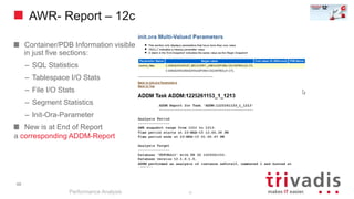 AWR- Report – 12c
Container/PDB Information visible
in just five sections:
– SQL Statistics
– Tablespace I/O Stats
– File I/O Stats
– Segment Statistics
– Init-Ora-Parameter
New is at End of Report
a corresponding ADDM-Report
Performance Analysis
48
48
 