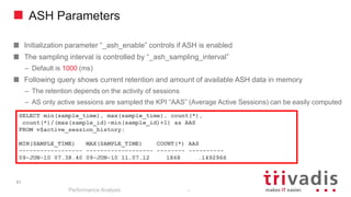 ASH Parameters
Initialization parameter “_ash_enable” controls if ASH is enabled
The sampling interval is controlled by “_ash_sampling_interval”
– Default is 1000 (ms)
Following query shows current retention and amount of available ASH data in memory
– The retention depends on the activity of sessions
– AS only active sessions are sampled the KPI “AAS” (Average Active Sessions) can be easily computed
Performance Analysis
51
SELECT min(sample_time), max(sample_time), count(*),
count(*)/(max(sample_id)-min(sample_id)+1) as AAS
FROM v$active_session_history;
MIN(SAMPLE_TIME) MAX(SAMPLE_TIME) COUNT(*) AAS
------------------ ------------------- -------- ----------
09-JUN-10 07.38.40 09-JUN-10 11.07.12 1868 .1492966
51
 