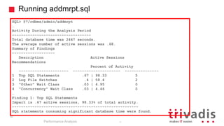 Running addmrpt.sql
Performance Analysis
67
SQL> @?/rdbms/admin/addmrpt
…
Activity During the Analysis Period
-----------------------------------
Total database time was 2447 seconds.
The average number of active sessions was .68.
Summary of Findings
-------------------
Description Active Sessions
Recommendations
Percent of Activity
---------------------- --------------------- ---------------
1 Top SQL Statements .67 | 98.33 5
2 Log File Switches .4 | 58.4 2
3 "Other" Wait Class .03 | 4.95 0
4 "Concurrency" Wait Class .03 | 4.46 0
…
Finding 1: Top SQL Statements
Impact is .67 active sessions, 98.33% of total activity.
--------------------------------------------------------
SQL statements consuming significant database time were found.
67
 