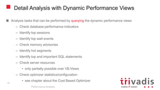 Detail Analysis with Dynamic Performance Views
Analysis tasks that can be performed by querying the dynamic performance views
– Check database performance indicators
– Identify top sessions
– Identify top wait events
– Check memory advisories
– Identify hot segments
– Identify top and important SQL statements
– Check server resources
• only partially possible over V$-Views
– Check optimizer statistics/configuration
• see chapter about the Cost Based Optimizer
Performance Analysis
77
 