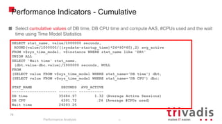 78
Performance Indicators - Cumulative
Select cumulative values of DB time, DB CPU time and compute AAS, #CPUs used and the wait
time using Time Model Statistics
Performance Analysis
78
SELECT stat_name, value/1000000 seconds,
ROUND(value/1000000/((sysdate-startup_time)*24*60*60),2) avg_active
FROM v$sys_time_model, v$instance WHERE stat_name like 'DB%'
UNION ALL
SELECT 'Wait time' stat_name,
(dbt.value-dbc.value)/1000000 seconds, NULL
FROM
(SELECT value FROM v$sys_time_model WHERE stat_name='DB time') dbt,
(SELECT value FROM v$sys_time_model WHERE stat_name='DB CPU') dbc;
STAT_NAME SECONDS AVG_ACTIVE
-------------------- -------- -----------
DB time 35684.97 1.32 (Average Active Sessions)
DB CPU 6391.72 .24 (Average #CPUs used)
Wait time 29293.25
 