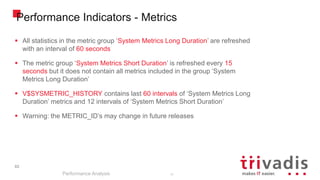 82
Performance Indicators - Metrics
Performance Analysis
82
 All statistics in the metric group ‘System Metrics Long Duration’ are refreshed
with an interval of 60 seconds
 The metric group ‘System Metrics Short Duration’ is refreshed every 15
seconds but it does not contain all metrics included in the group ‘System
Metrics Long Duration’
 V$SYSMETRIC_HISTORY contains last 60 intervals of ‘System Metrics Long
Duration’ metrics and 12 intervals of ‘System Metrics Short Duration’
 Warning: the METRIC_ID’s may change in future releases
 