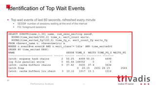 87
Identification of Top Wait Events
Performance Analysis
87
SELECT SUBSTR(name,1,30) name, num_sess_waiting sess#,
ROUND(time_waited/100,2) time_s, wait_count waits,
ROUND(time_waited_fg/100,2) time_fg_s, wait_count_fg waits_fg
FROM v$event_name n, v$eventmetric m
WHERE n.event#=m.event# AND n.wait_class!='Idle' AND time_waited>0
ORDER BY time_waited DESC;
NAME SESS# TIME_S WAITS TIME_FG_S WAITS_FG
---------------------------- ------ ------ ------ --------- -------
latch: enqueue hash chains 2 50.25 4499 50.25 4499
log file parallel write 0 40.64 146552 0 0
latch: cache buffers chains 0 37.42 3635 37.4 3634
latch free 0 26.15 2651 26.15 2649
latch: cache buffers lru chain 3 10.11 1017 10.1 1016
...
 Top wait events of last 60 seconds, refreshed every minute
 SESS#: number of sessions waiting at the end of the interval
 FG: foreground sessions
 