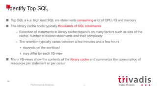 96
Identify Top SQL
Top SQL a.k.a. high load SQL are statements consuming a lot of CPU, IO and memory
The library cache holds typically thousands of SQL statements
– Retention of statements in library cache depends on many factors such as size of the
cache, number of distinct statements and their complexity
– The retention typically varies between a few minutes and a few hours
• depends on the workload
• may differ for each V$-view
Many V$-views show the contents of the library cache and summarize the consumption of
resources per statement or per cursor
Performance Analysis
96
 