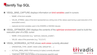 98
Identify Top SQL
V$SQL_BIND_CAPTURE displays information on bind variables used in cursors
– NAME: of the bind variable
– VALUE_STRING: value of the bind represented as a string (one of the values used during a past execution of its
associated cursor)
– captured are bind variables used in the WHERE or HAVING clauses
V$SQL_OPTIMIZER_ENV displays the contents of the optimizer environment used to build the
execution plan of a SQL cursor
– NAME: of the parameter (e.g. “optimizer_features_enable”)
– VALUE: value of the parameter (e.g. “10.2.0.4”)
V$SQL_WORKAREA_ACTIVE shows work areas currently allocated
– OPERATION_TYPE (SORT, HASH JOIN, GROUP BY, …)
– ACTUAL_MEM_USED: PGA memory (in bytes) currently allocated
– TEMPSEG_SIZE: size (in bytes) of the temporary segment used
Performance Analysis
98
 