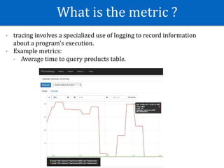 What	is	the	metric	?
- tracing	involves	a	specialized	use	of	logging	to	record	information	
about	a	program's	execution.		
- Example	metrics:		
- Average	time	to	query	products	table.
 