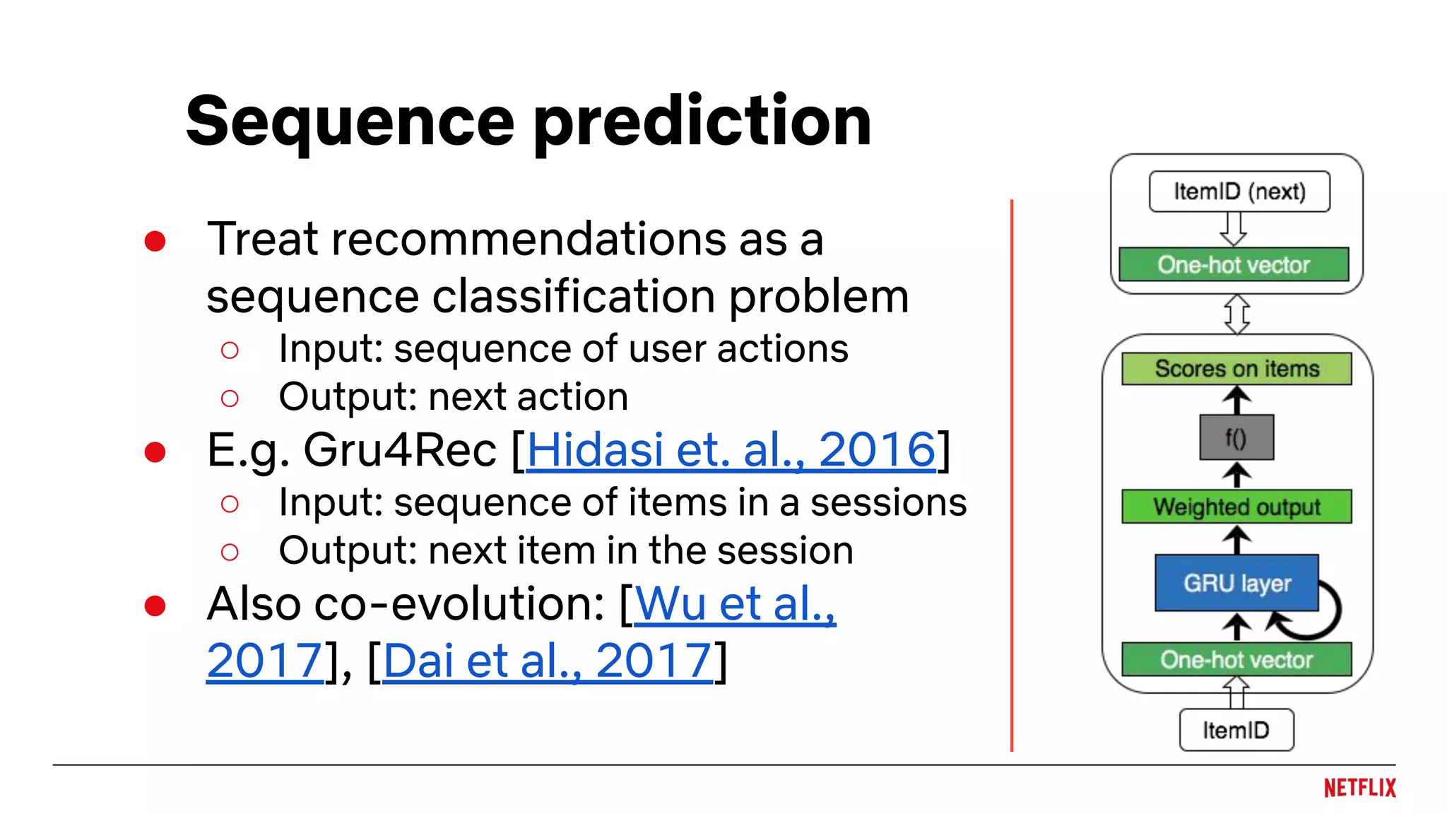 Sequence prediction
● Treat recommendations as a
sequence classification problem
○ Input: sequence of user actions
○ Output: next action
● E.g. Gru4Rec [Hidasi et. al., 2016]
○ Input: sequence of items in a sessions
○ Output: next item in the session
● Also co-evolution: [Wu et al.,
2017], [Dai et al., 2017]
 