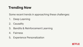 Some recent trends in approaching these challenges:
1. Deep Learning
2. Causality
3. Bandits & Reinforcement Learning
4. Fairness
5. Experience Personalization
Trending Now
 
