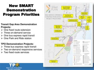 New SMART
Demonstration
Program Priorities
Transit Gap Area Demonstration
Projects:
 One fixed route extension
 Three on-demand service
 One bus express rapid transit
 One Park and Ride station
TPO Demonstration Projects:
 Three bus express rapid transit
 Two on-demand responsive services
 Two fixed route services
 
