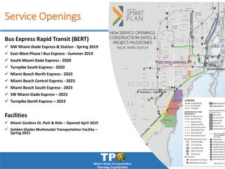 Service Openings
Bus Express Rapid Transit (BERT)
 NW Miami-Dade Express & Station - Spring 2019
 East-West Phase I Bus Express - Summer 2019
 South Miami Dade Express - 2020
 Turnpike South Express - 2020
 Miami Beach North Express - 2023
 Miami Beach Central Express - 2023
 Miami Beach South Express - 2023
 SW Miami-Dade Express – 2023
 Turnpike North Express – 2023
Facilities
 Miami Gardens Dr. Park & Ride – Opened April 2019
 Golden Glades Multimodal Transportation Facility –
Spring 2021
 