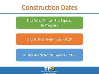 Construction Dates
East-West Phase I Bus Express
In Progress
South Dade Transitway - 2020
Miami Beach North Express - 2022
 