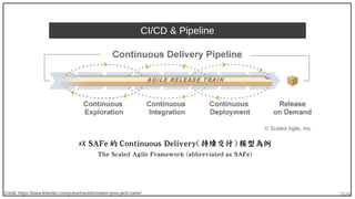 76/90
CI/CD & Pipeline
Credit: https://www.linkedin.com/pulse/transformation-pmo-jack-caine/
以 SAFe 的 Continuous Delivery( 持續交付 ) 模型為例
The Scaled Agile Framework (abbreviated as SAFe)
 