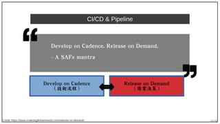 69/90
CI/CD & Pipeline
Credit: https://www.scaledagileframework.com/release-on-demand/
Develop on Cadence. Release on Dema...