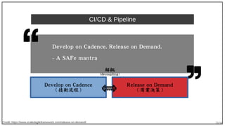 70/90
CI/CD & Pipeline
Credit: https://www.scaledagileframework.com/release-on-demand/
Develop on Cadence. Release on Dema...